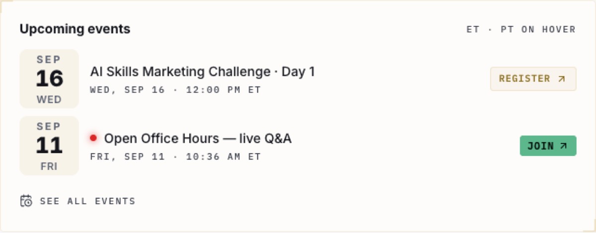 Upcoming live events inside a member room